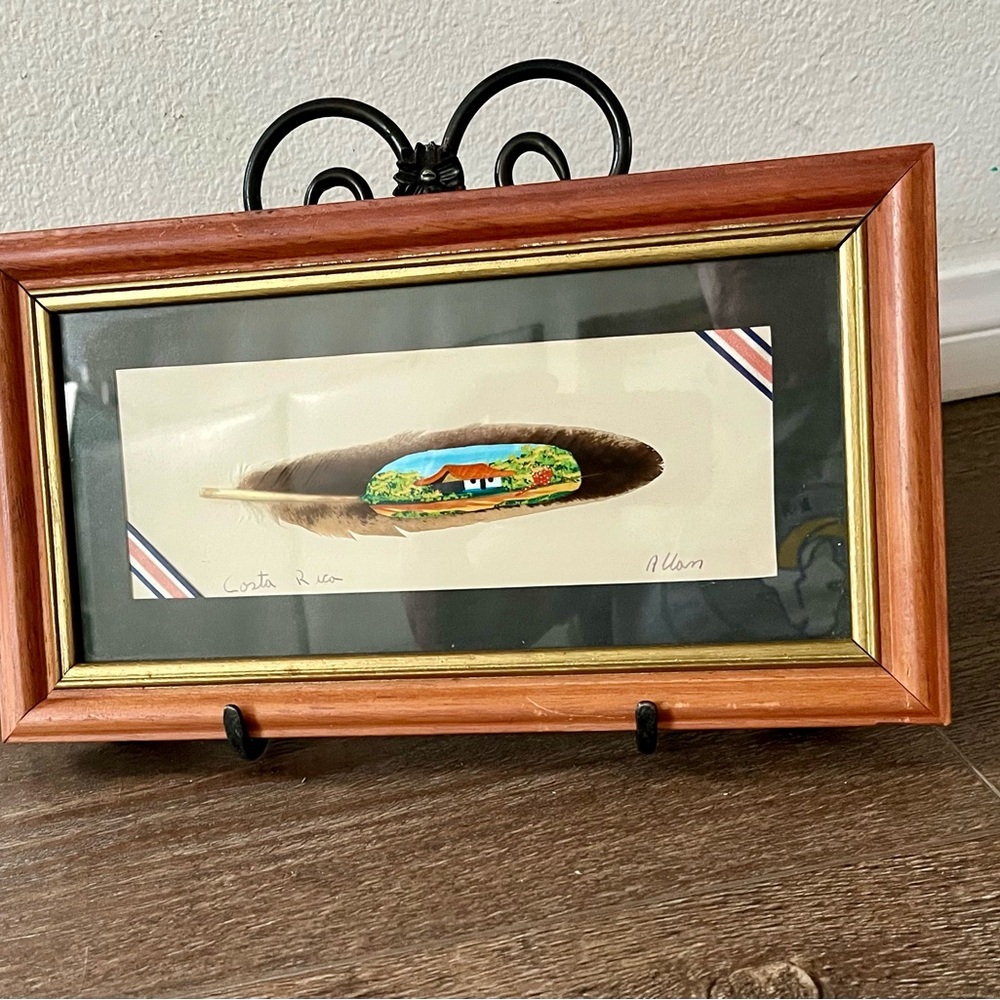 Framed Costa Rica Artwork with Wooden Frame hand painted on Bird Feather 7/13 in - Picture 10 of 11